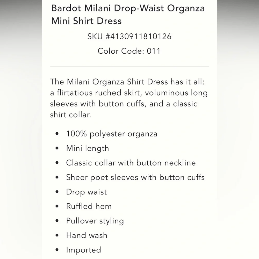Anthropologie NWT Bardot Milani Drop-Waist Organza Mini Shirt Dress size 6. - Picture 6 of 11